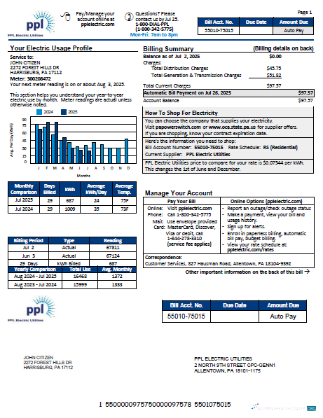 download USA PPL Electric utility bill template in Word and PDF formats, version 3 PDF template
